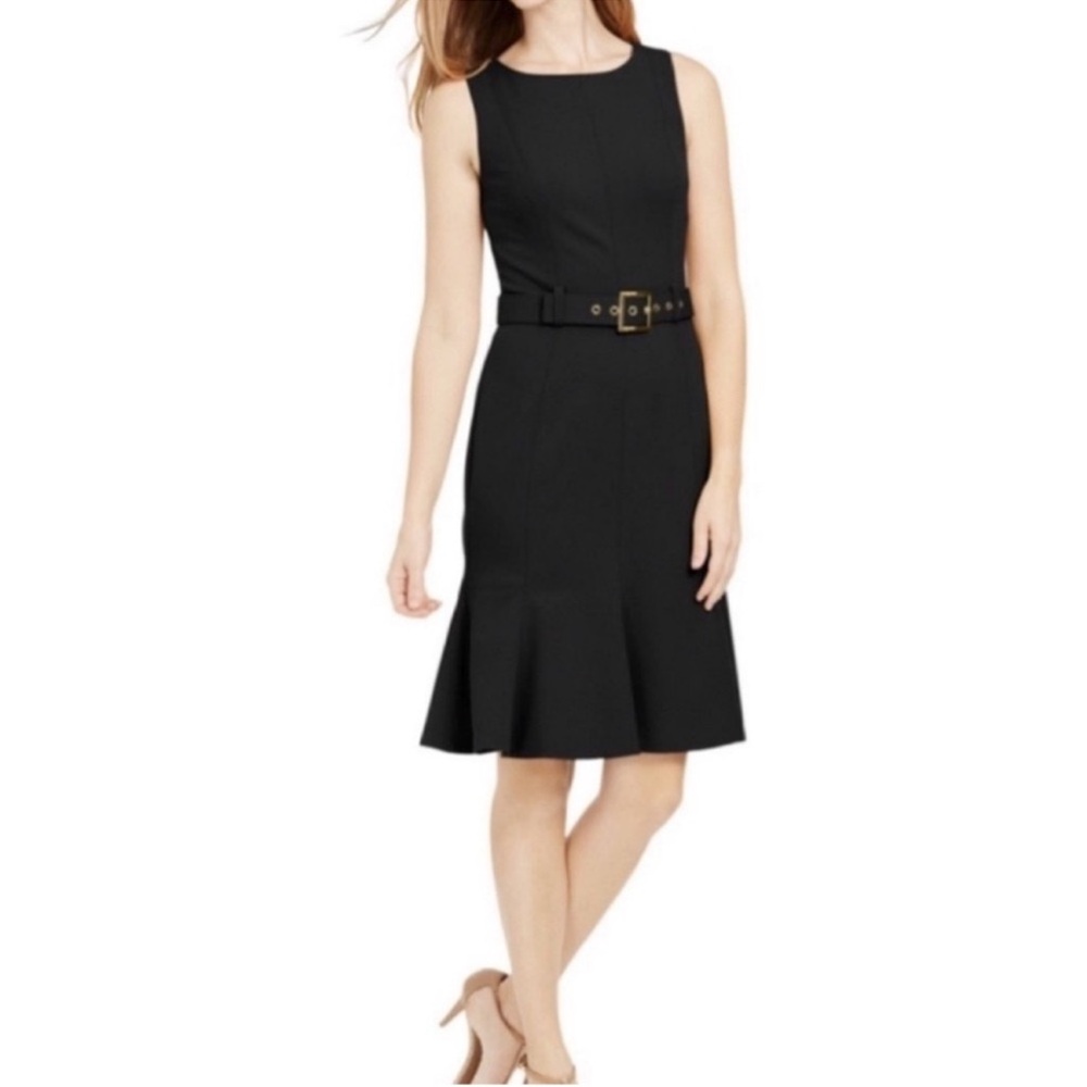 NEW Calvin Klein Sleeveless Dress Belted Flounce Hem Crepe Black Size 2P